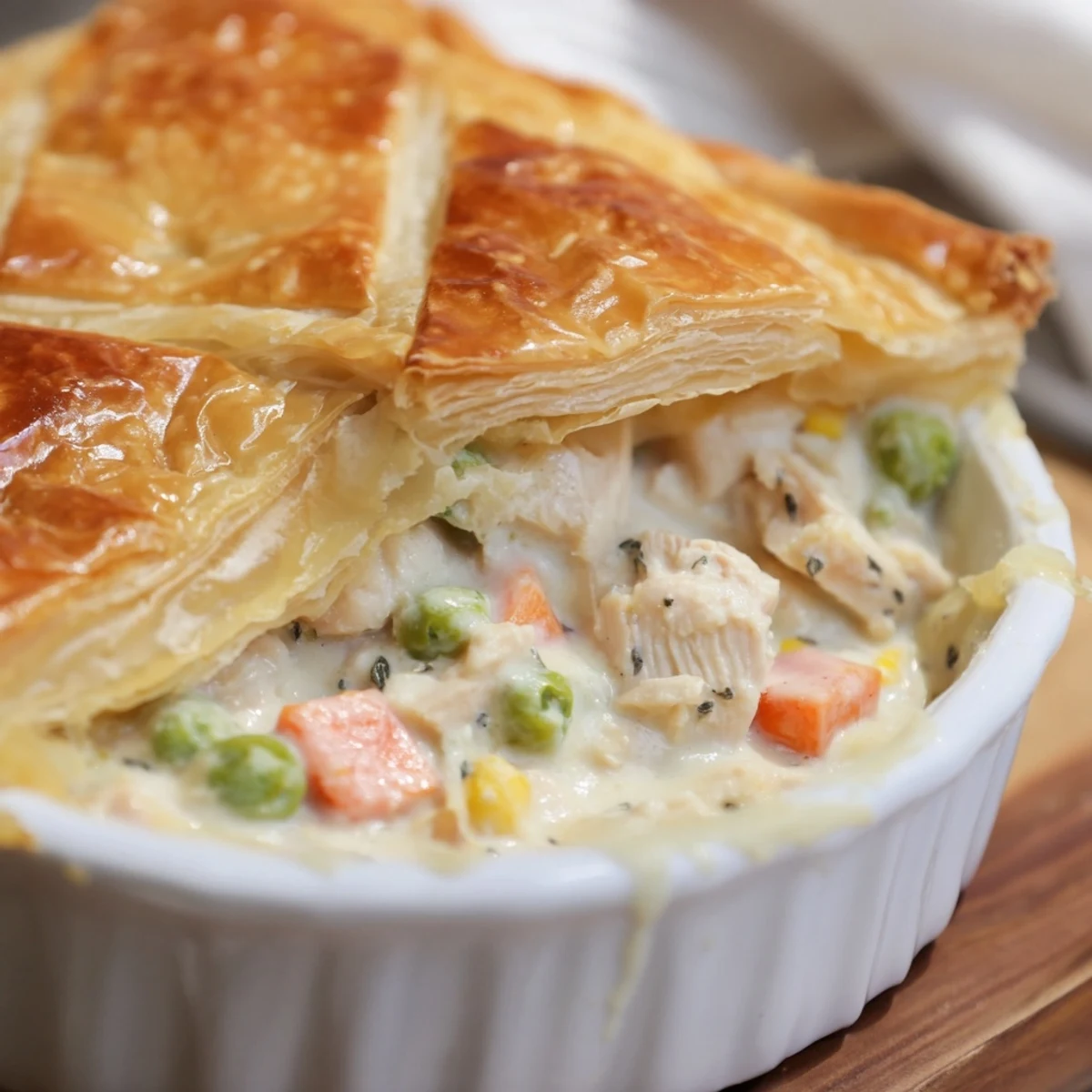 Golden puff pastry crust on a steaming Turkey Pot Pie, a comforting American classic.
