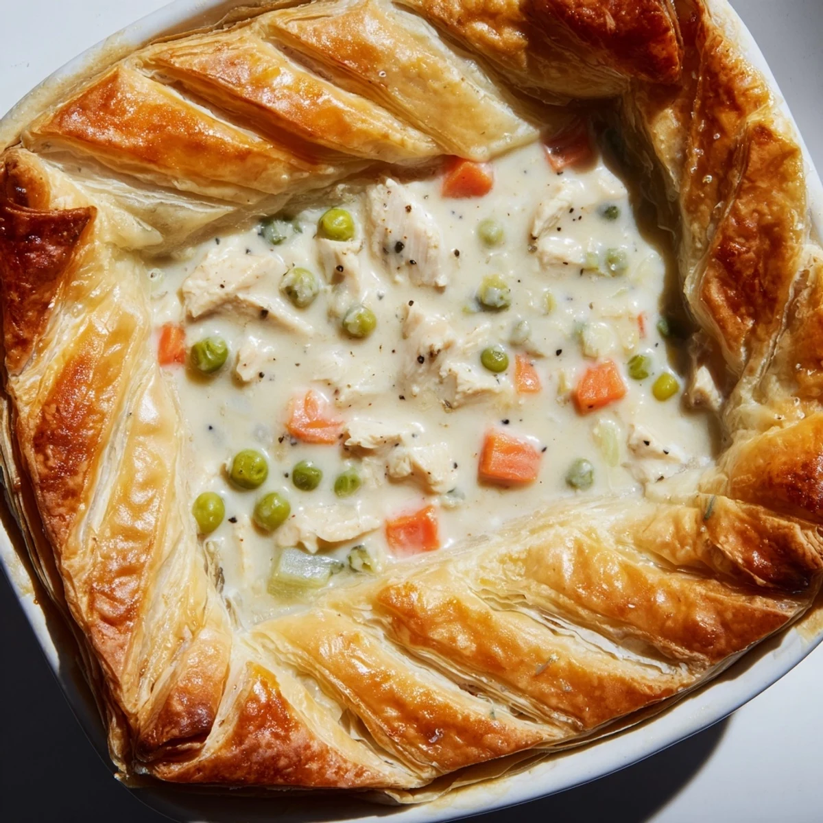 A close-up of a flaky, baked Turkey Pot Pie, revealing tender turkey and vegetables.
