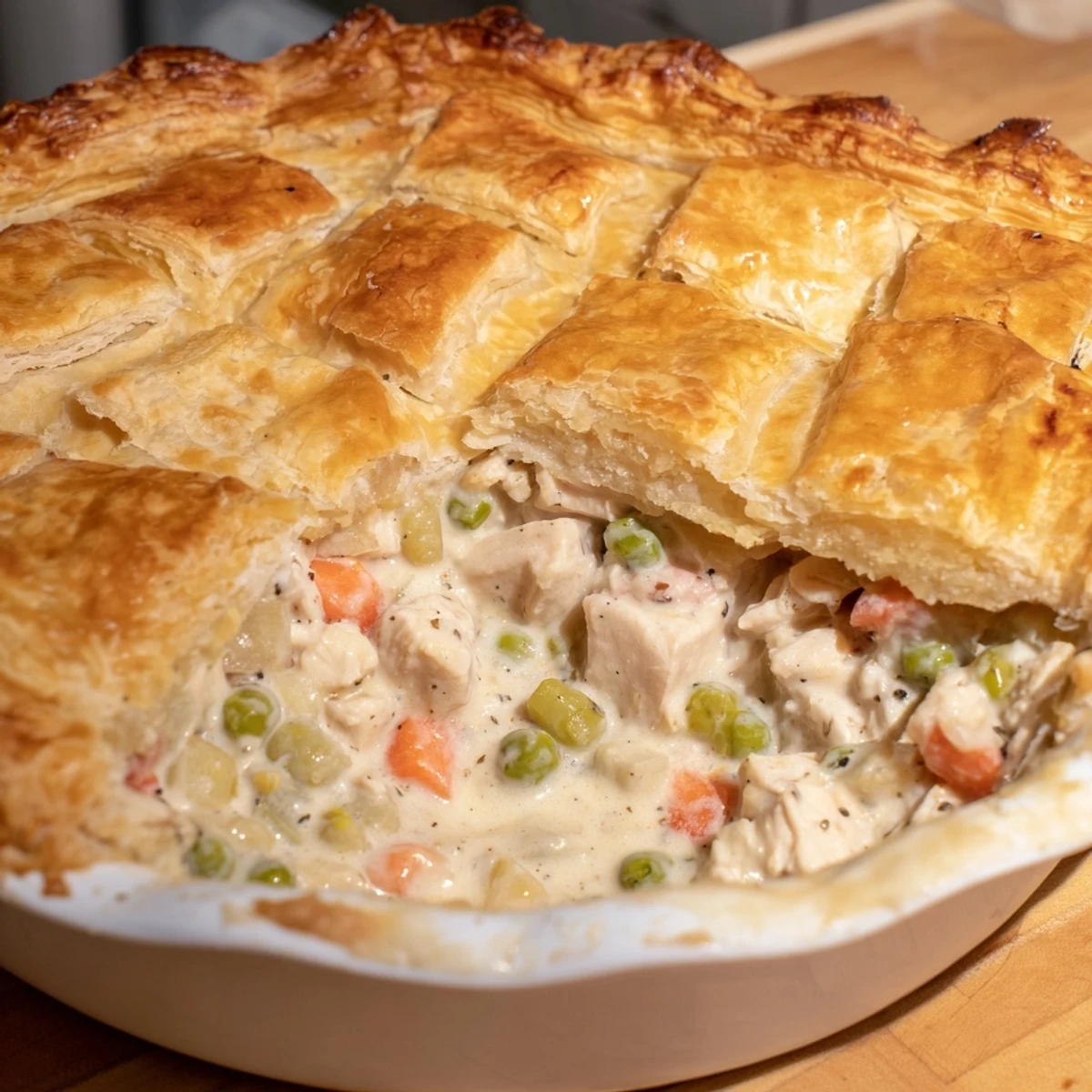 Savory Turkey Pot Pie with a golden puff pastry topping, ready for a delicious meal.
