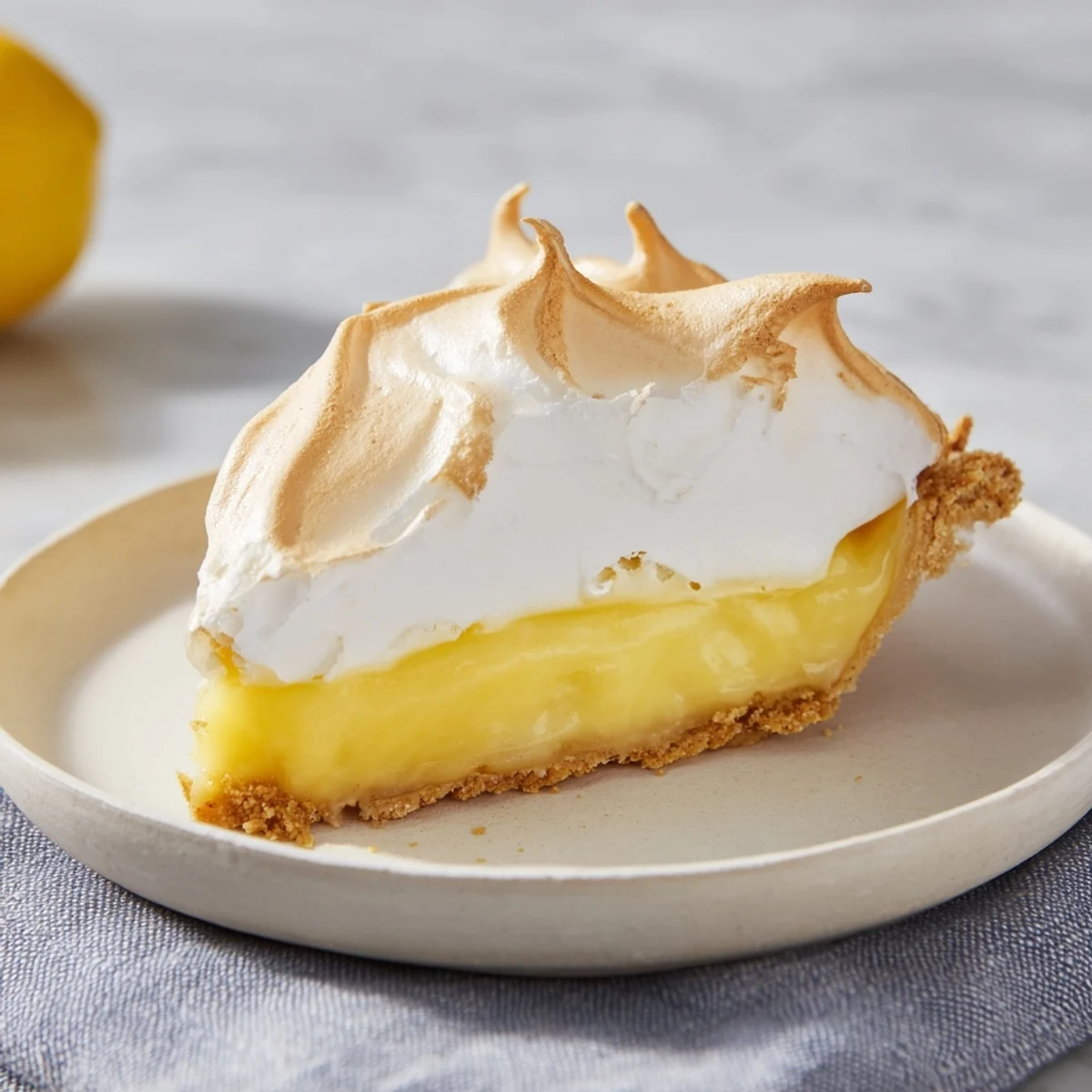 Golden, fluffy meringue crowns a perfectly baked Lemon Meringue Pie in this appetizing shot.