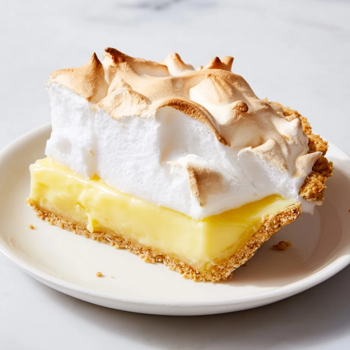 A delicious slice of Lemon Meringue Pie, with a creamy filling and toasted meringue peaks, awaits.