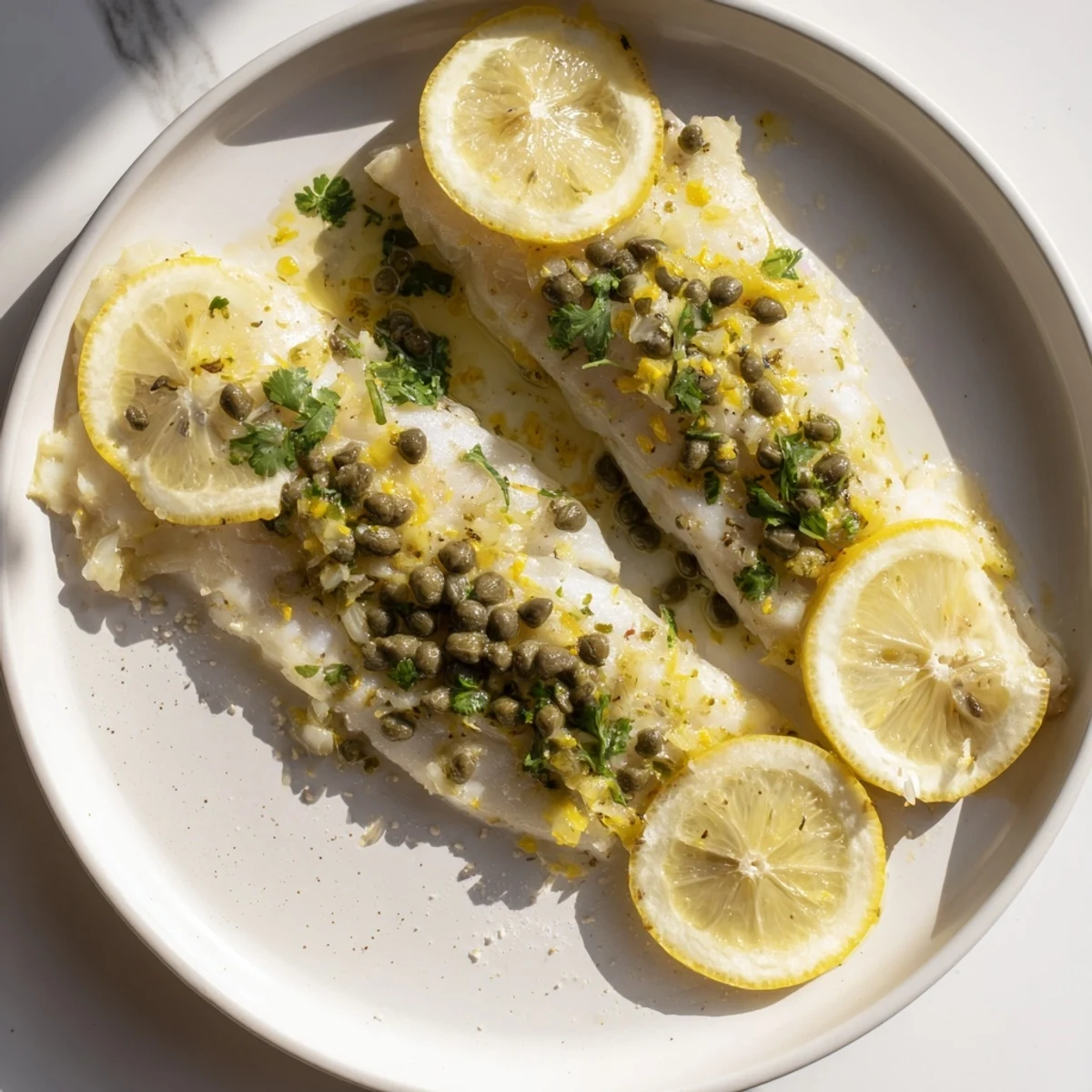Golden-brown Baked Haddock with Lemon and Capers served, garnished with fresh lemon slices, delicious!