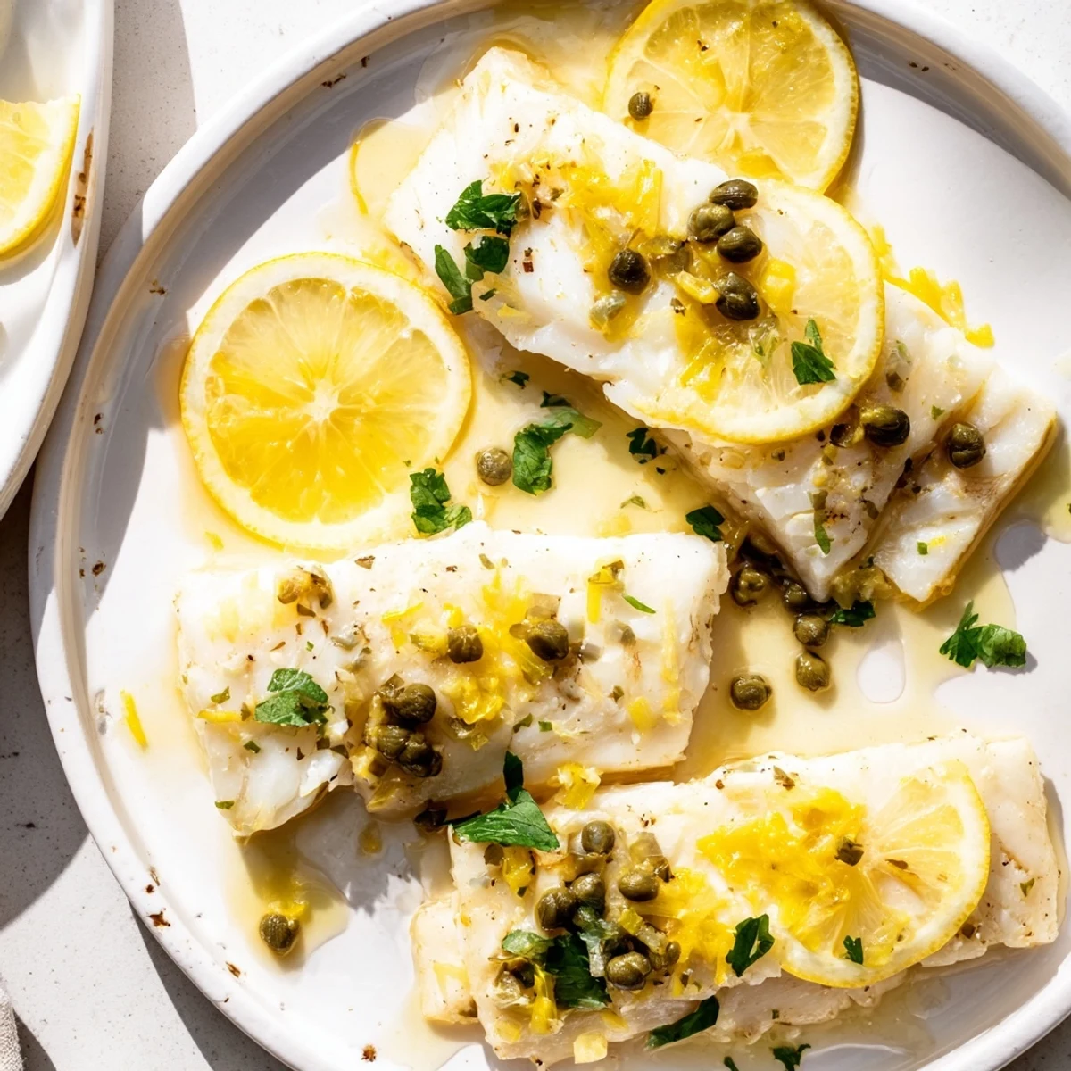 Flaky baked haddock with lemon and capers, perfectly cooked, a bright and savory dinner.