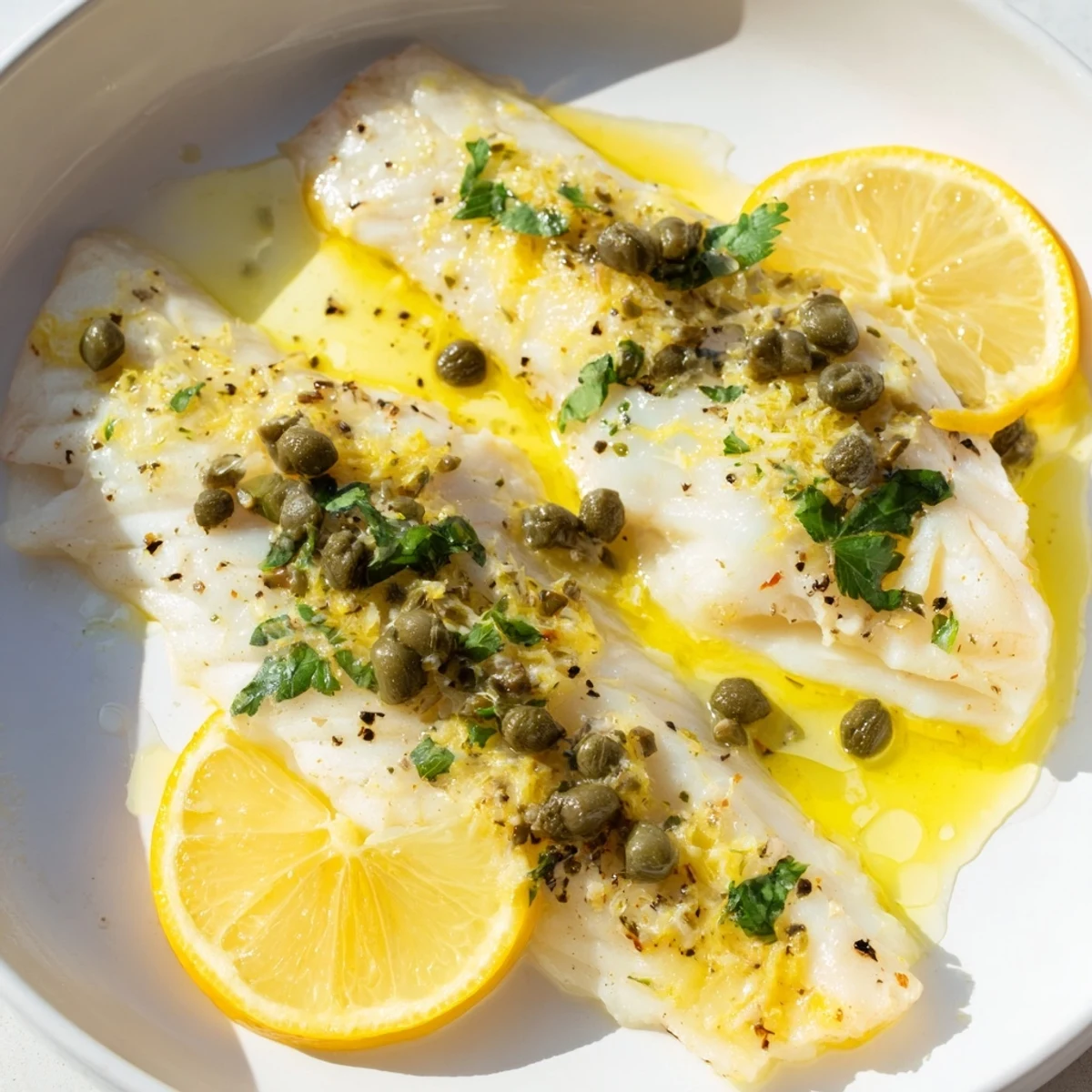 This vibrant plate of baked haddock with lemon and capers shows a simple yet elegant seafood meal.