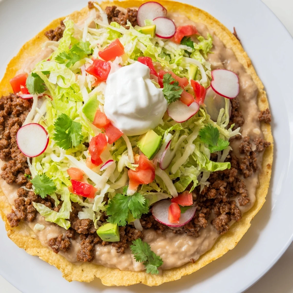 Savory Beef Tostadas with refried beans, vibrant fresh toppings, and a sprinkle of cheese.