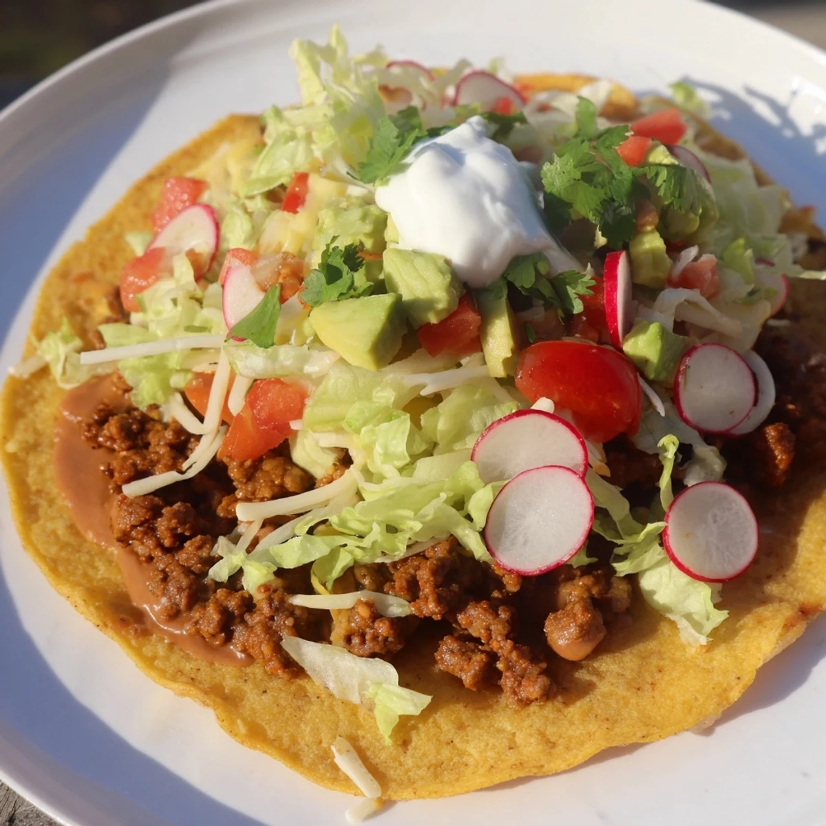 Close-up of crispy Beef Tostadas; layers of seasoned beef and creamy beans ready to eat.