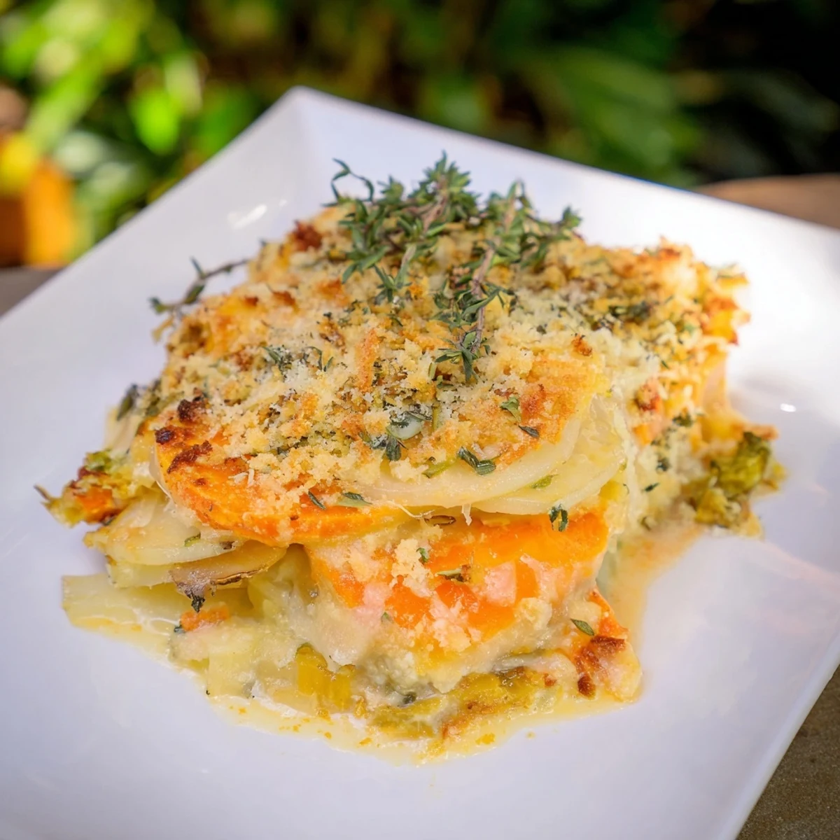 Golden, bubbly Winter Vegetable Gratin with Gruyere, creamy and comforting, perfect for fall dinner.
