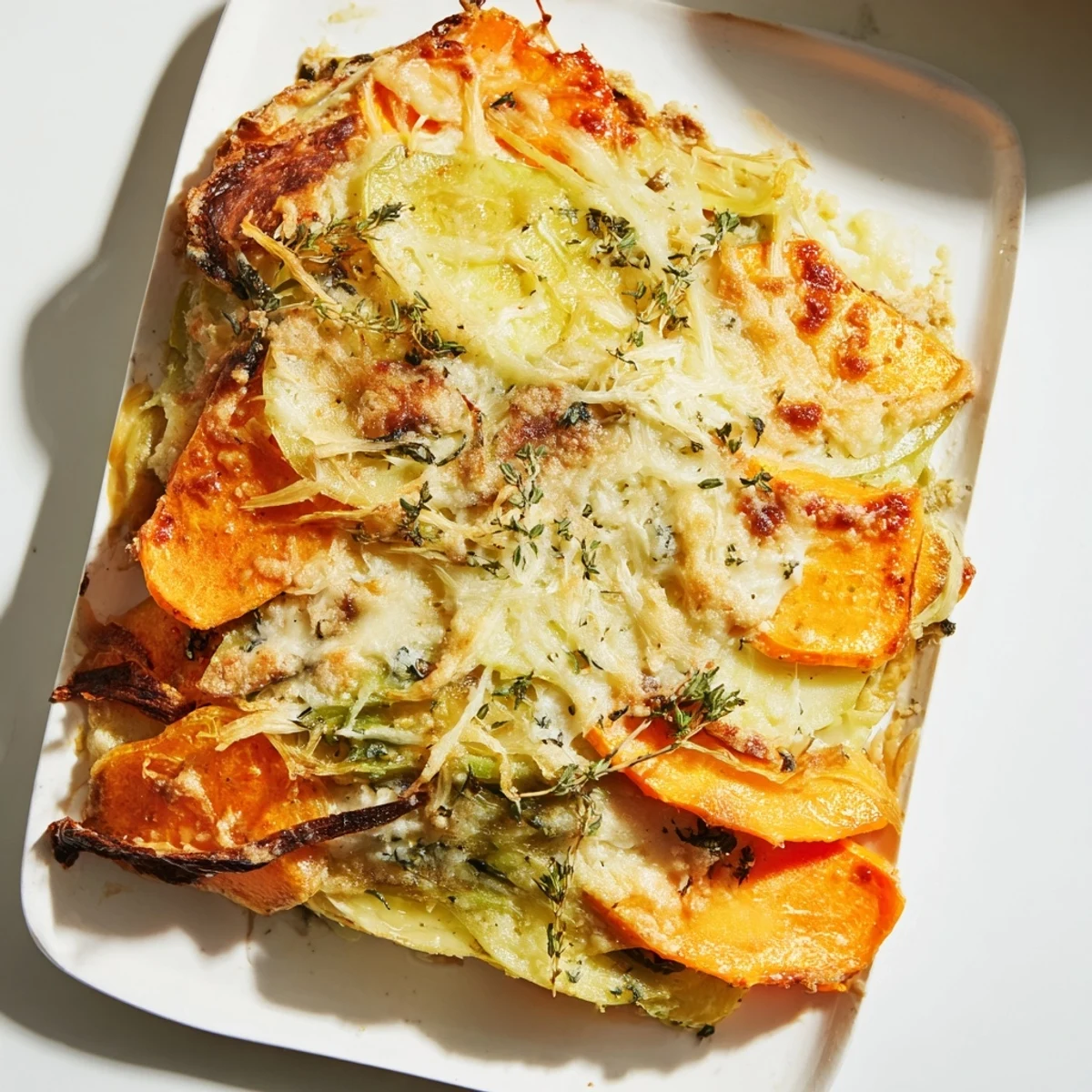 A steaming, cheesy Winter Vegetable Gratin with Gruyere, showcasing layers of tender, roasted vegetables.
