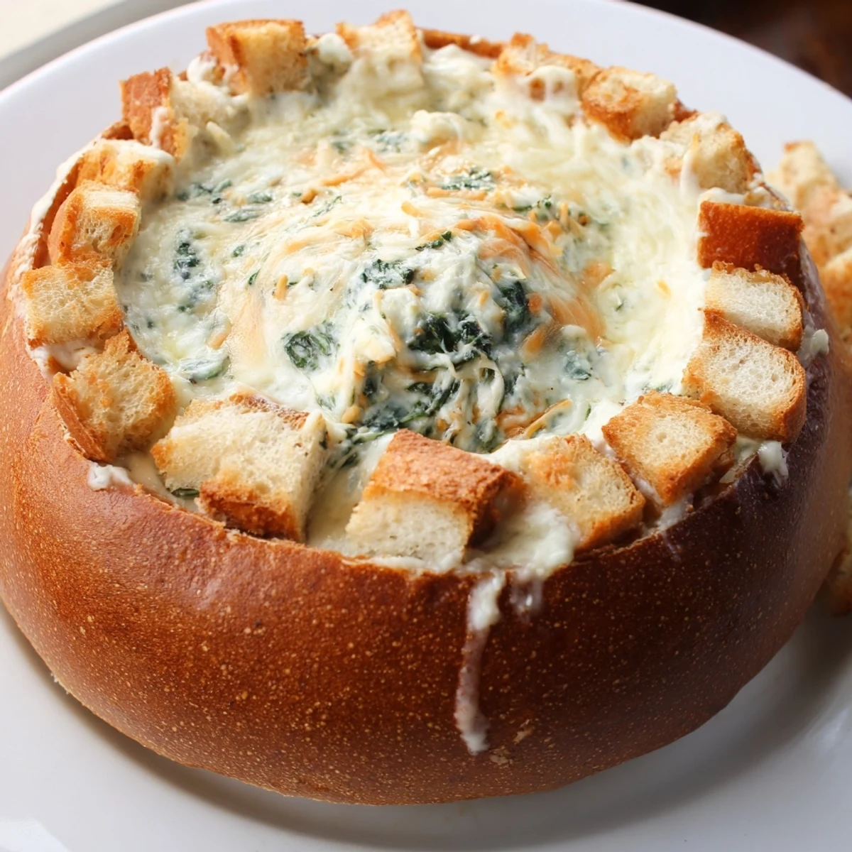 Golden-brown creamy spinach dip, a perfect appetizer, ready to scoop with toasted sourdough.