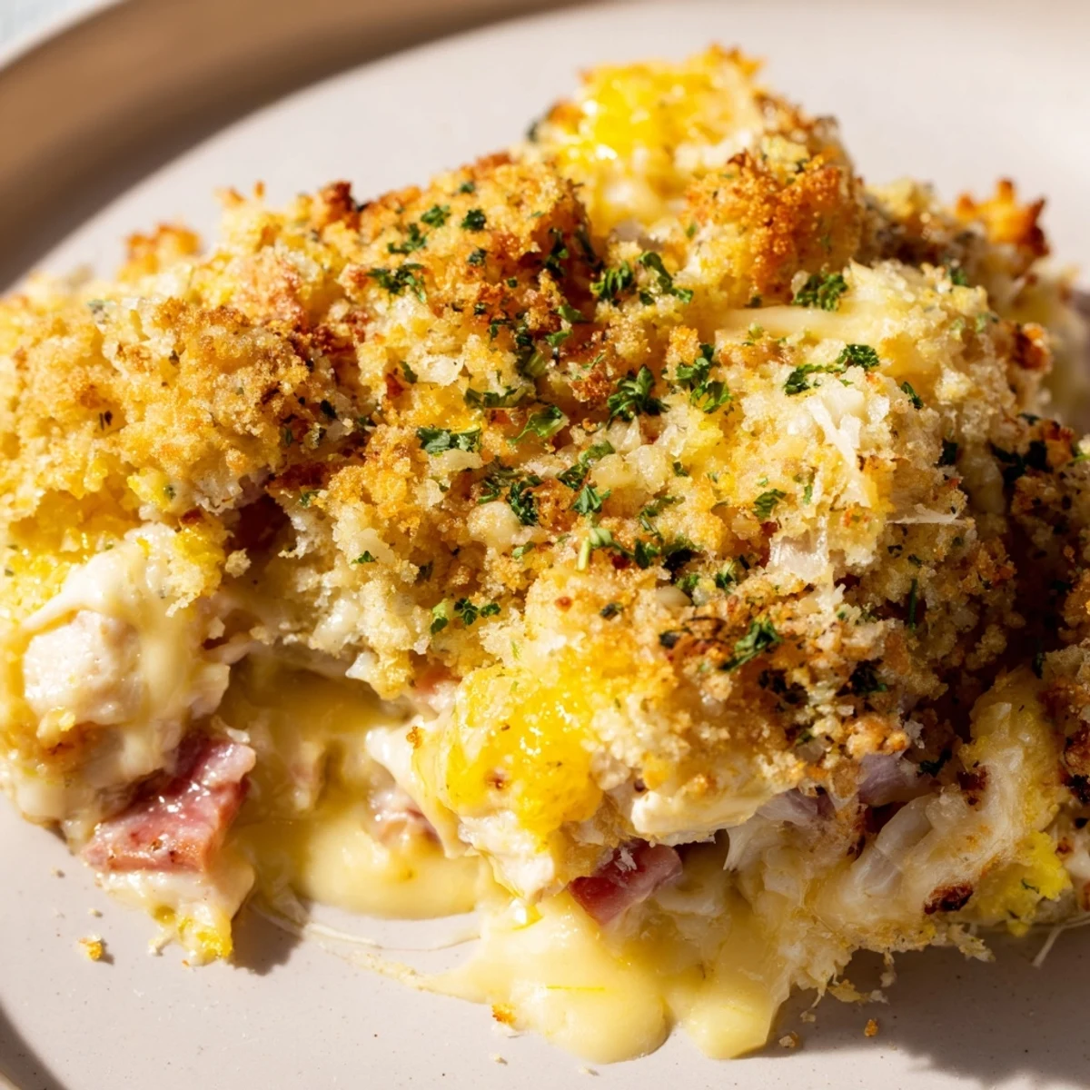 Chicken Cordon Bleu Casserole featuring bubbly cheese and a golden, crunchy breadcrumb topping.