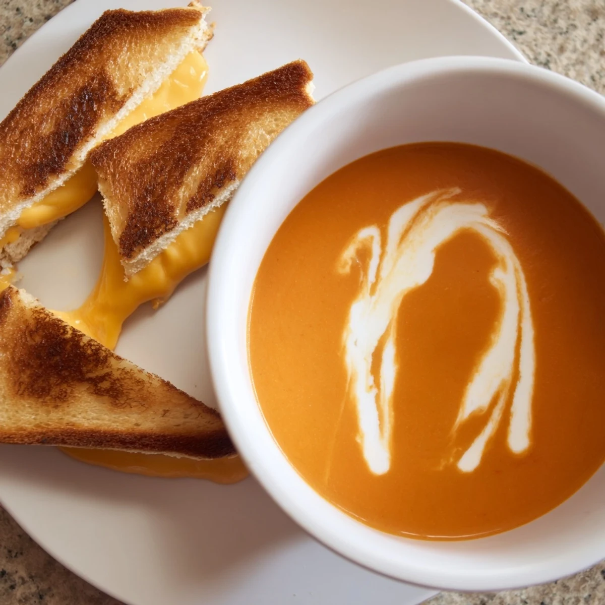 A comforting bowl of creamy tomato soup shown with crispy, cheesy grilled cheese strips ready to dip.
