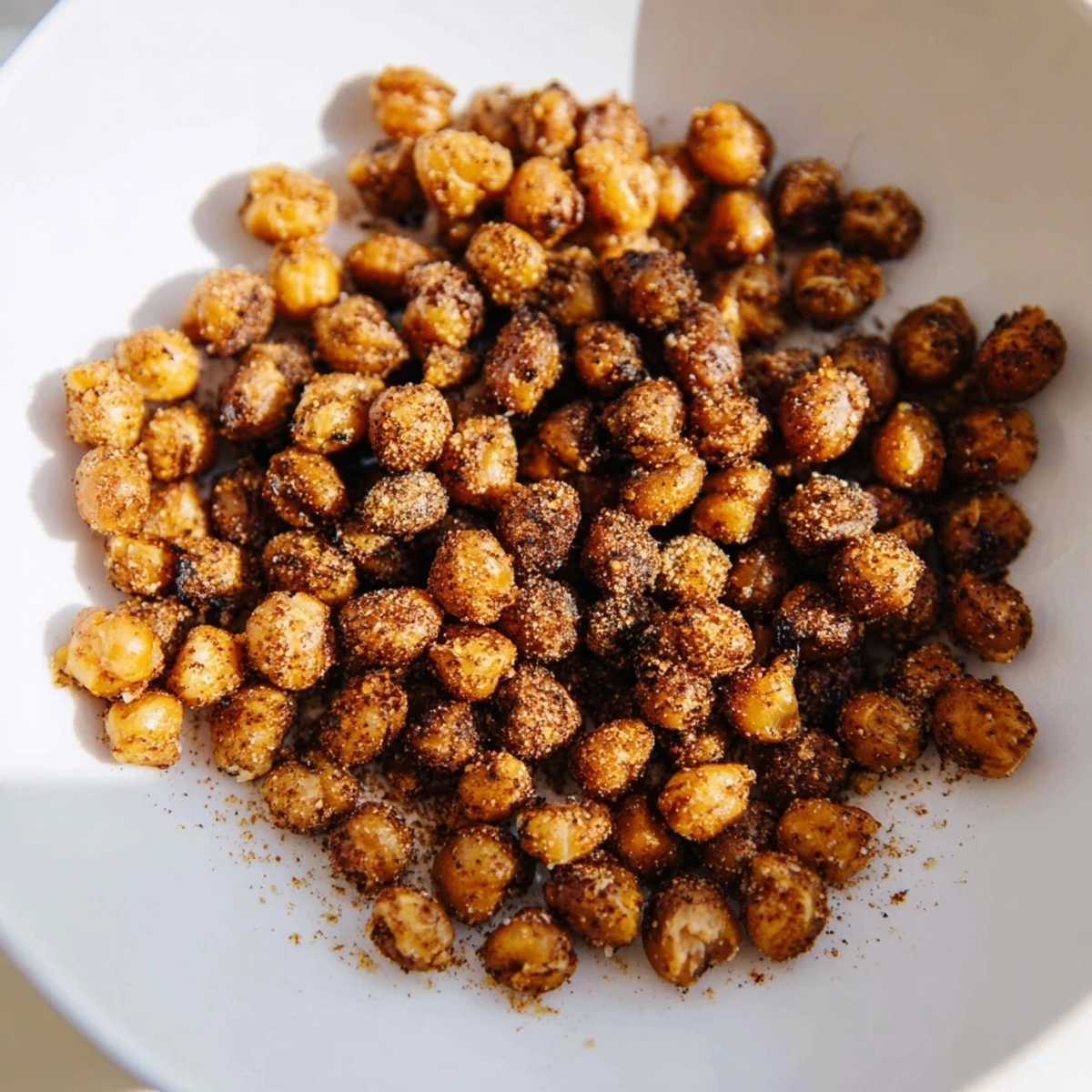 A bowl of delicious, warm Spicy Roasted Chickpeas with cumin, fresh from the oven, offering a bold bite.