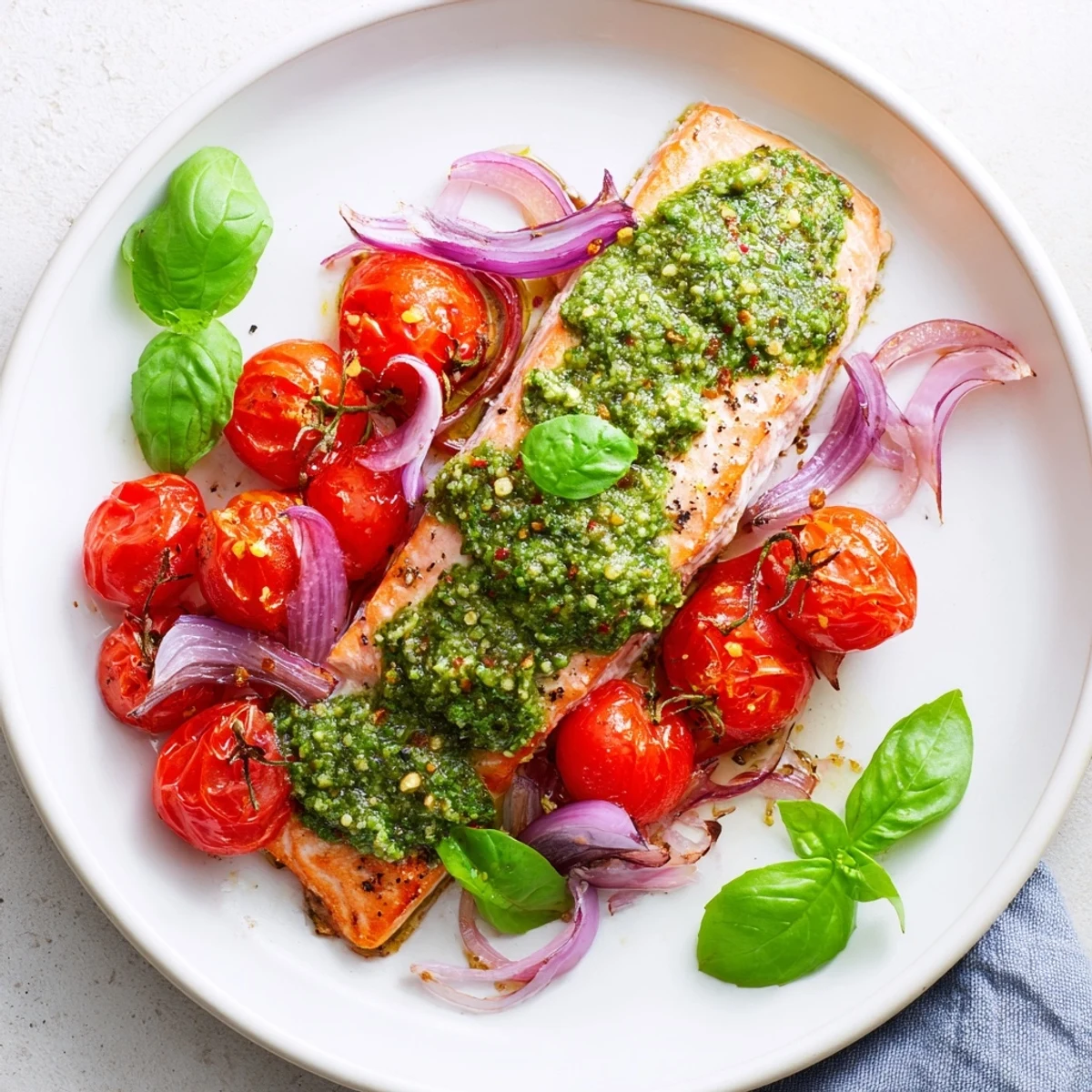 Baked salmon with pesto featuring bright red cherry tomatoes, ready to serve with lemon wedges.