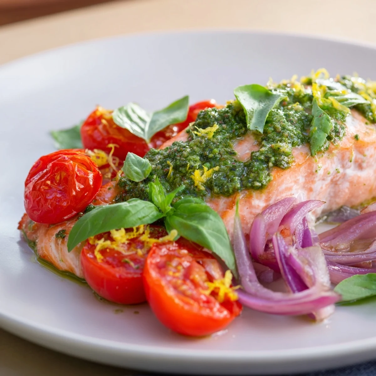 Flavorful baked salmon with pesto, glistening with olive oil and surrounded by roasted cherry tomatoes.