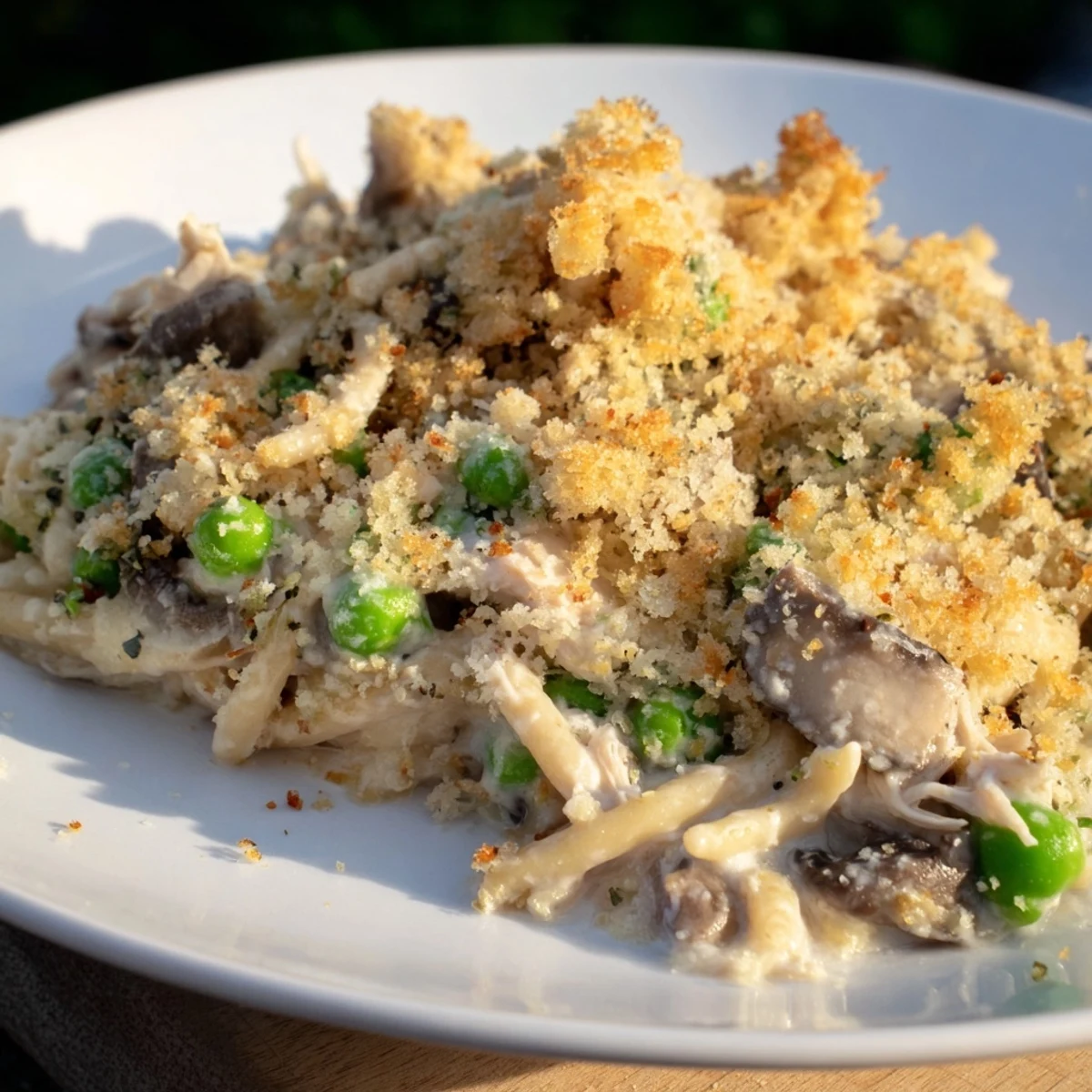 Golden-brown Turkey Tetrazzini with creamy mushrooms and sweet peas bubbling in a ceramic baking dish.