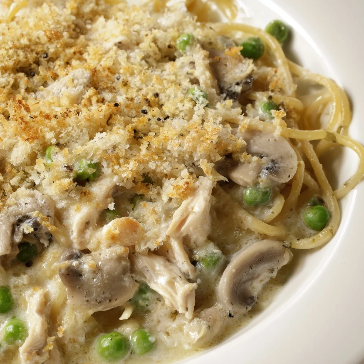 Freshly baked Turkey Tetrazzini featuring golden panko crumbs, melted mozzarella, and chopped parsley garnish.