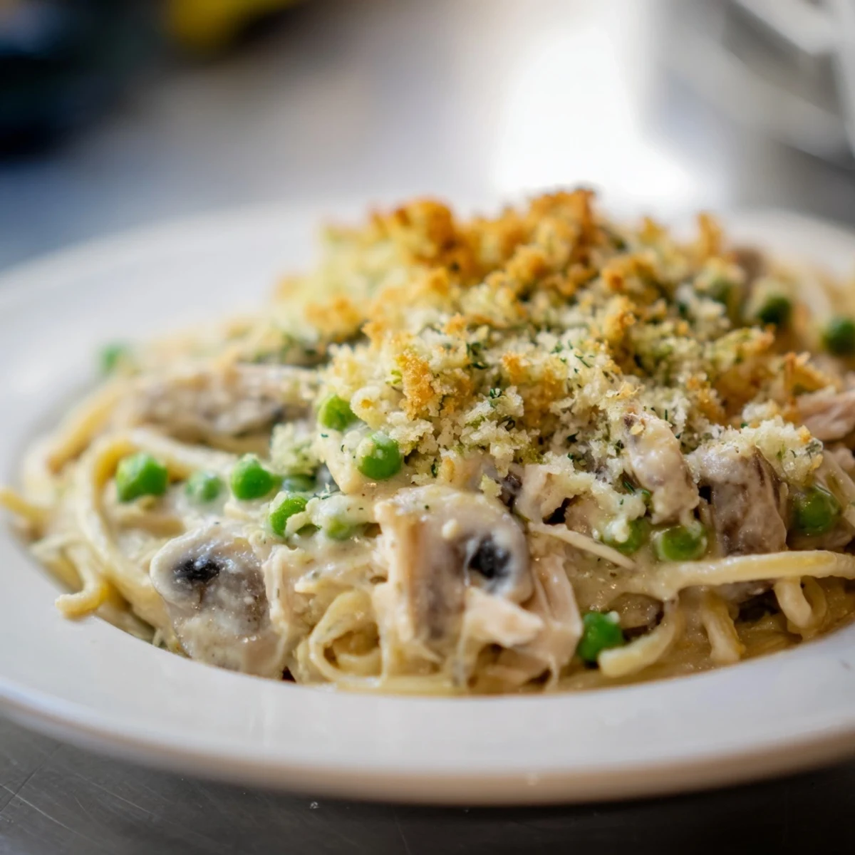 A spoon scoops creamy Turkey Tetrazzini with tender turkey, mushrooms, and peas from the baking dish.
