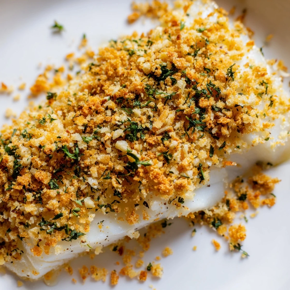 Golden-brown Baked Cod with Buttery Cracker Crumb Topping fresh from the oven, flaky fish peeking through a crisp, savory layer.
