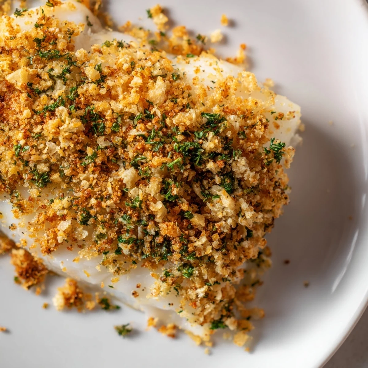 Easy Baked Cod with Buttery Cracker Crumb Topping with a fork testing the flaky, juicy fish under a crispy topping.