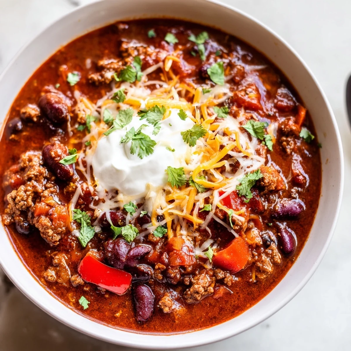 Slow Cooker Chili with Ground Beef and Beans simmers with hearty ground beef and tender beans, topped with melted cheddar and sour cream.