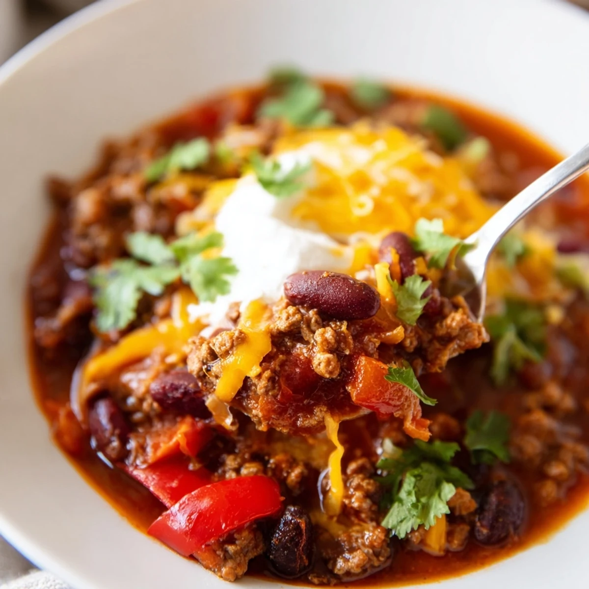 Garnished with fresh cilantro and green onions, this Slow Cooker Chili with Ground Beef and Beans pairs perfectly with warm cornbread for dipping.