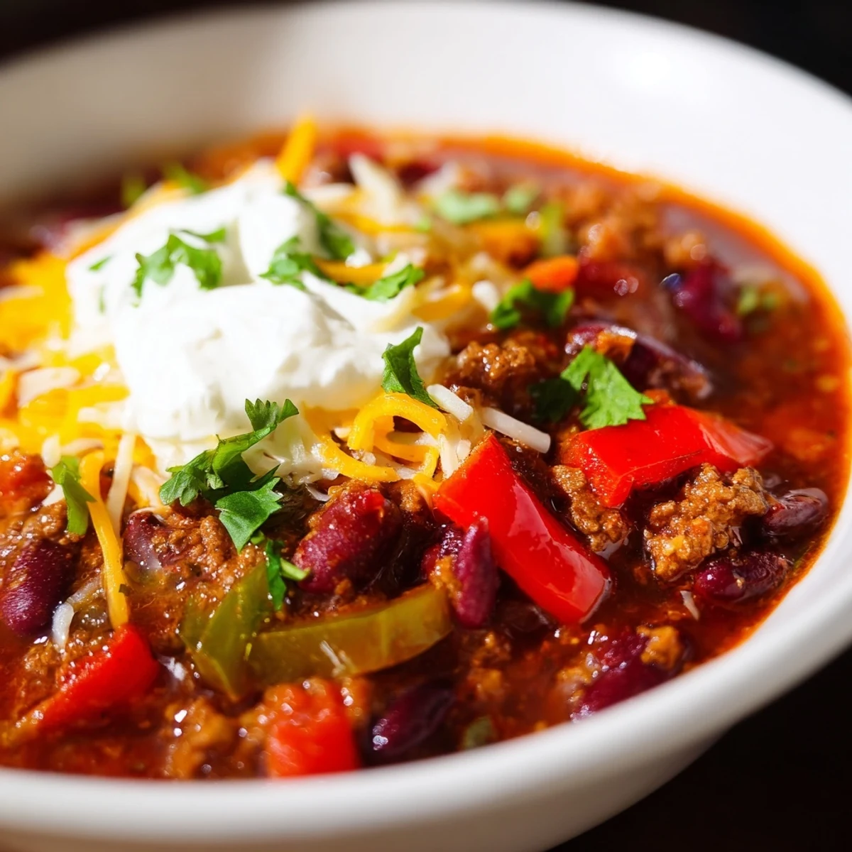 A bowl of Slow Cooker Chili with Ground Beef and Beans offers a rich, tomato-based stew with savory spices, perfect for cozy weeknight dinners.