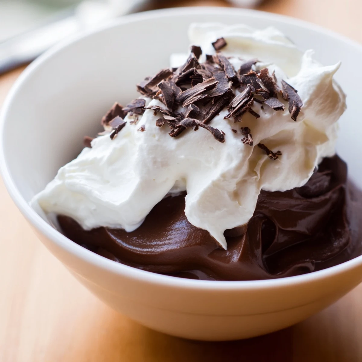 Silky Chocolate Mousse layered in a glass, crowned with a fluffy cloud of homemade whipped cream and rich chocolate shavings.
