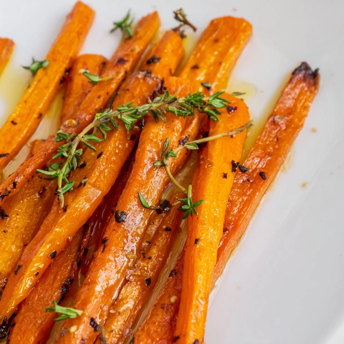 Perfectly roasted carrots with honey and fresh thyme glisten on a serving platter, garnished with extra thyme sprigs.