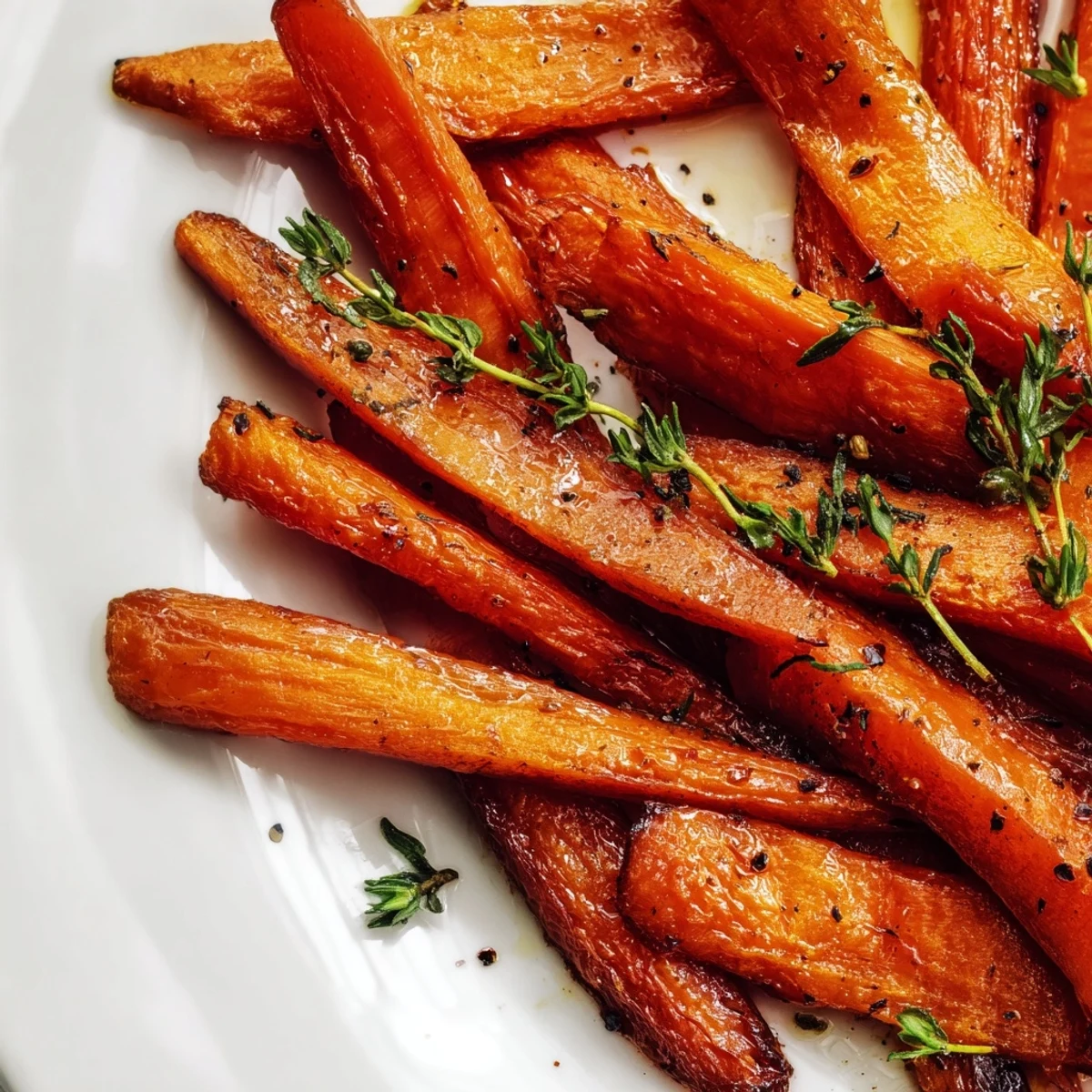 Close-up of roasted carrots with honey and fresh thyme, showcasing tender texture and golden glaze beside a serving fork.