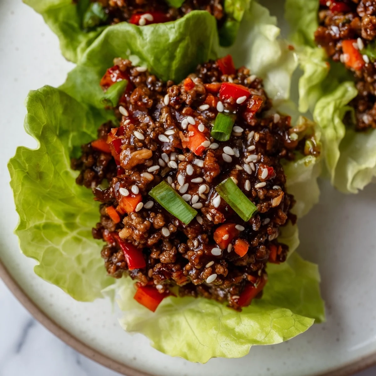 Savory ground beef filling simmered in ginger, garlic, and hoisin sauce, spooned into crisp butter lettuce cups for a fresh bite.