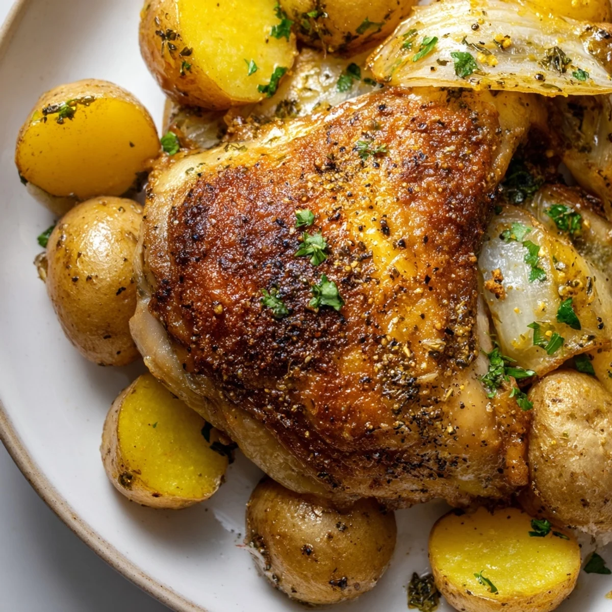 Freshly roasted Lemon Garlic Roasted Chicken Thighs with Potatoes served hot from the oven with chopped parsley.