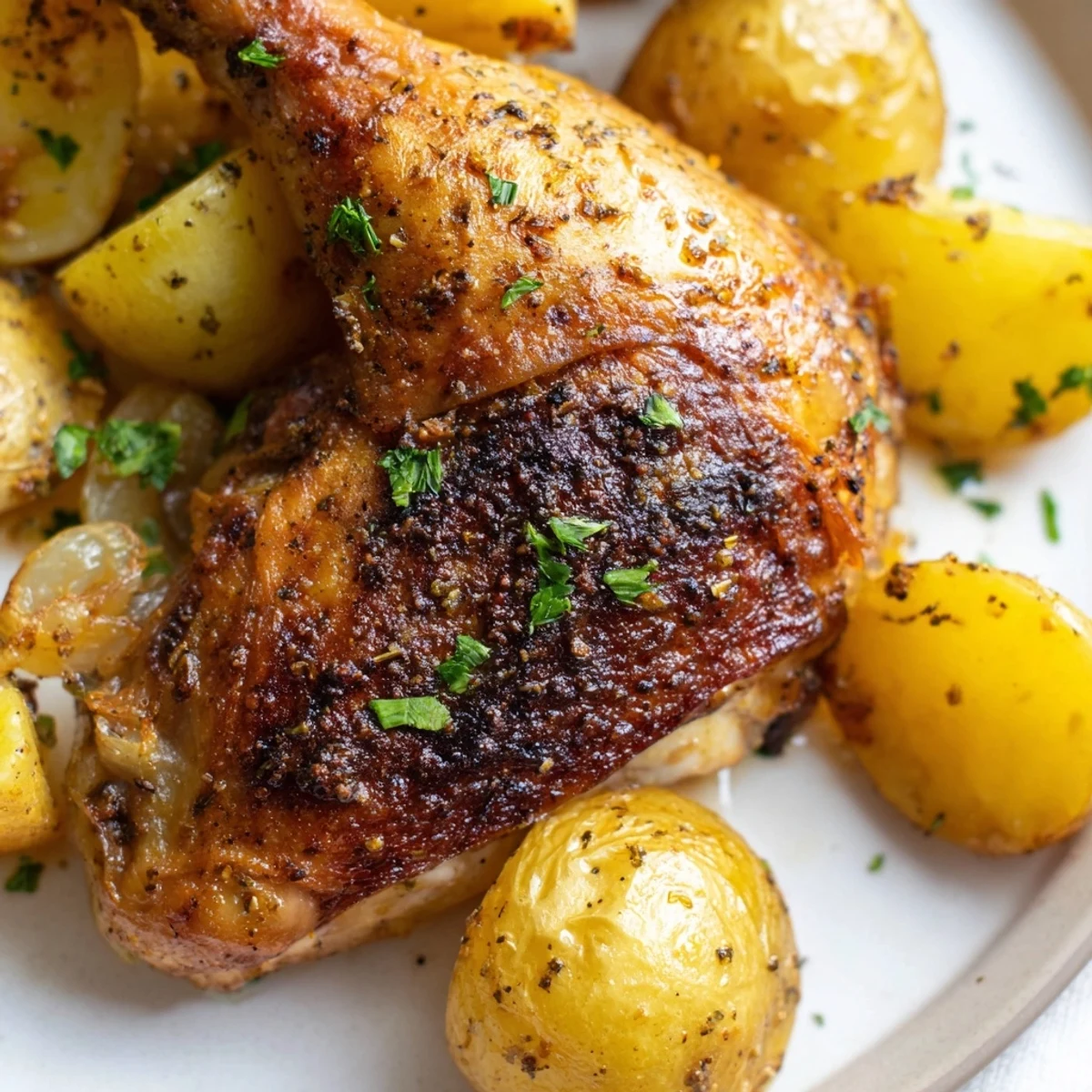 Golden, crispy-skinned Lemon Garlic Roasted Chicken Thighs and potatoes are garnished with lemon wedges on a rustic platter.