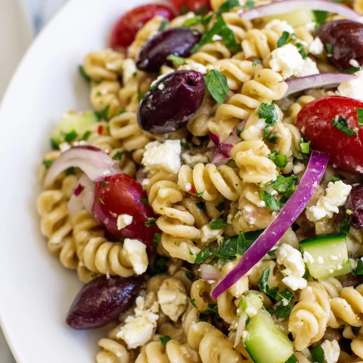 Colorful Mediterranean Pasta Salad with Kalamata Olives tossed with red bell pepper and fresh parsley on a rustic wooden table.