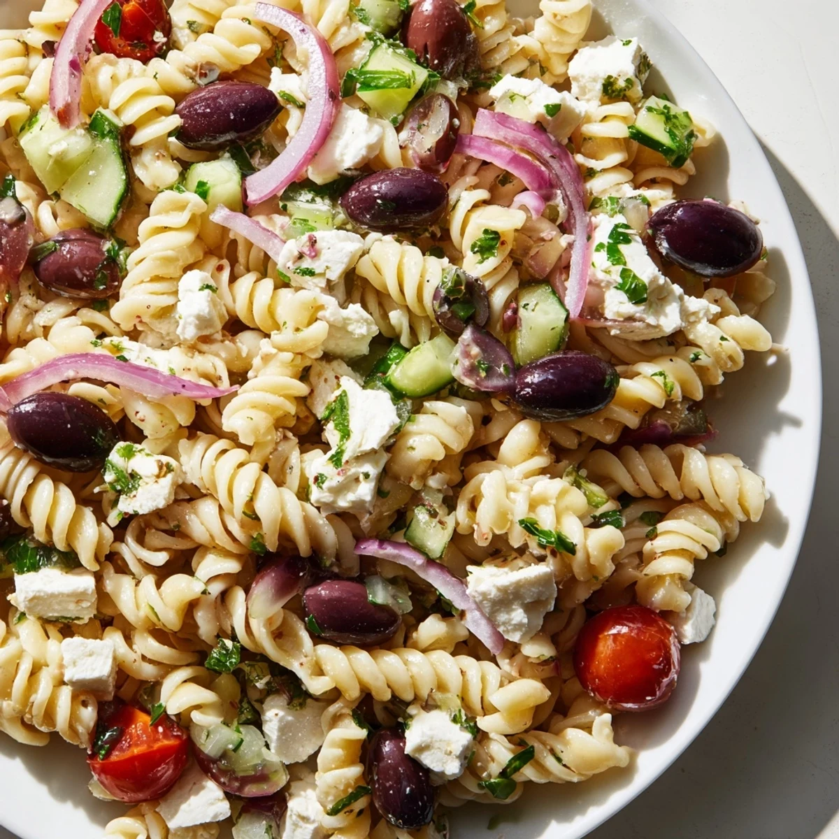 Fresh Mediterranean Pasta Salad with Kalamata Olives in a white bowl, with vibrant cherry tomatoes, cucumber, and crumbled feta cheese.