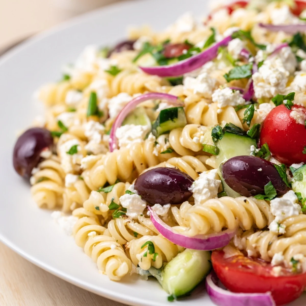 Serving suggestion for Mediterranean Pasta Salad with Kalamata Olives, featuring diced vegetables and feta, perfect for a sunny picnic lunch.