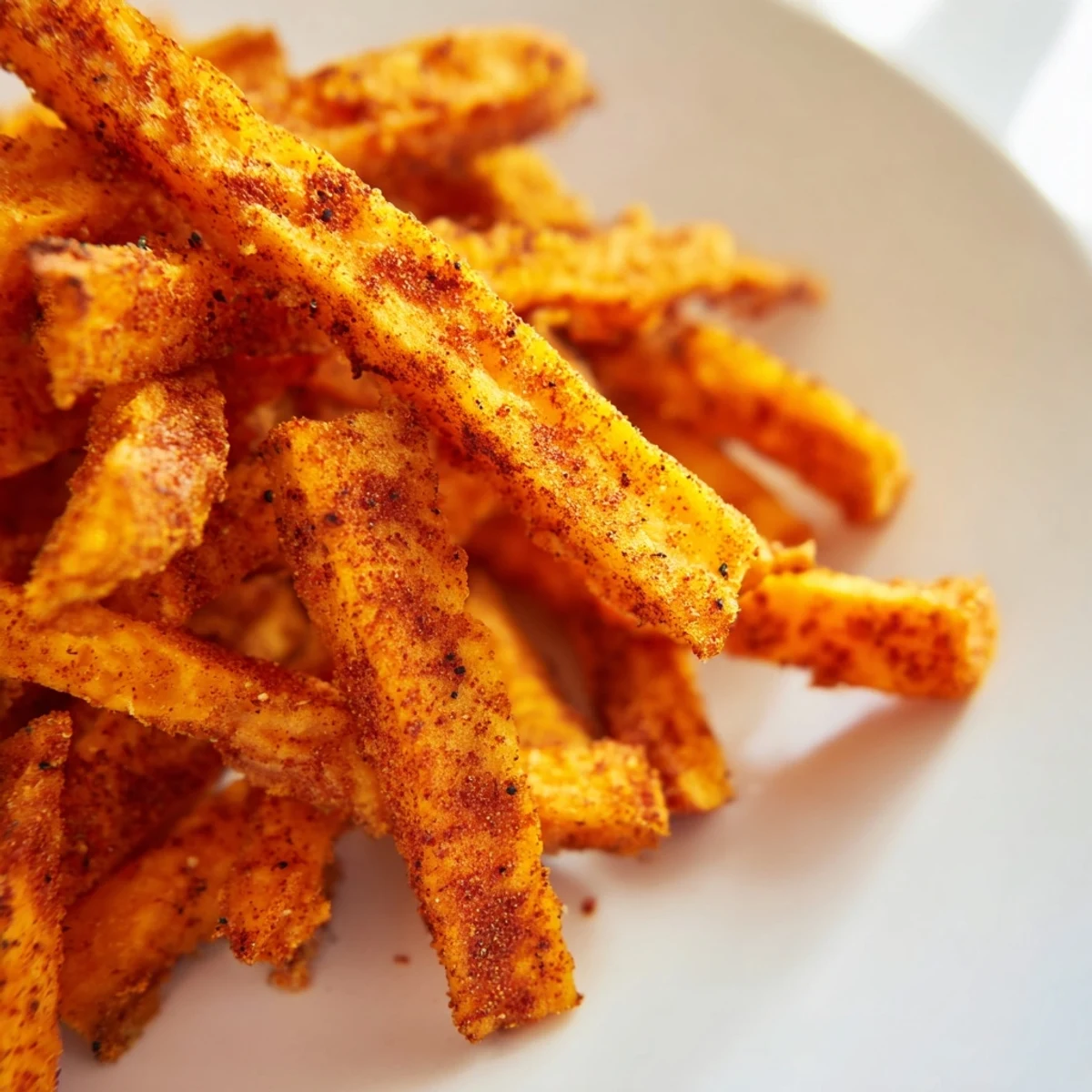 Golden, crispy Air Fryer Sweet Potato Fries seasoned with smoked paprika, served hot alongside a creamy dipping sauce.