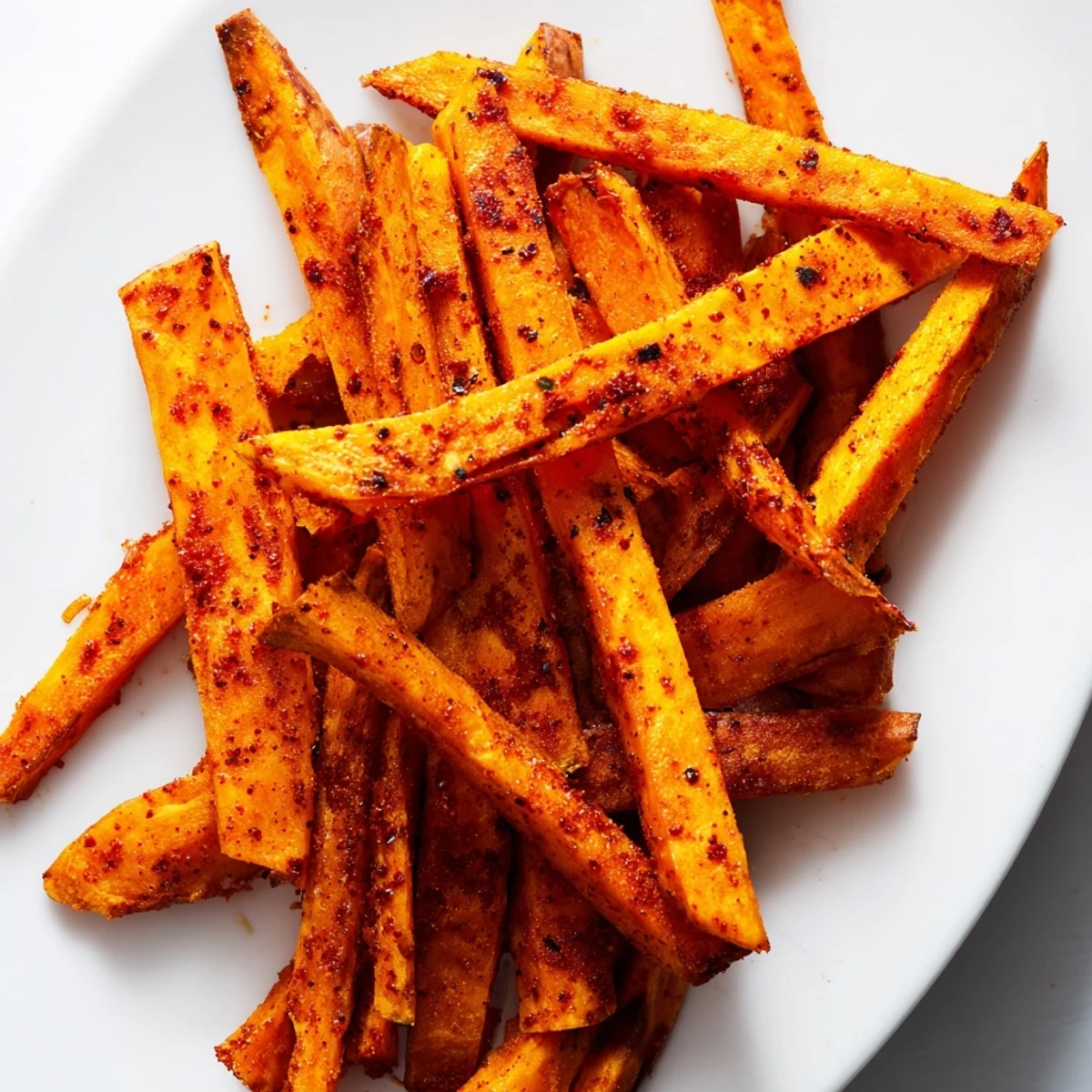 Close-up of homemade Air Fryer Sweet Potato Fries garnished with fresh herbs, revealing a vibrant orange interior.