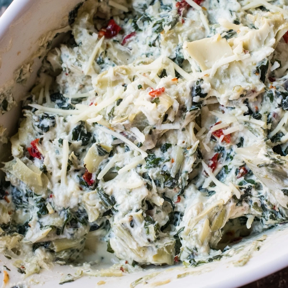 Golden, bubbling Creamy Spinach and Artichoke Dip with baguette slices, perfect for game day.