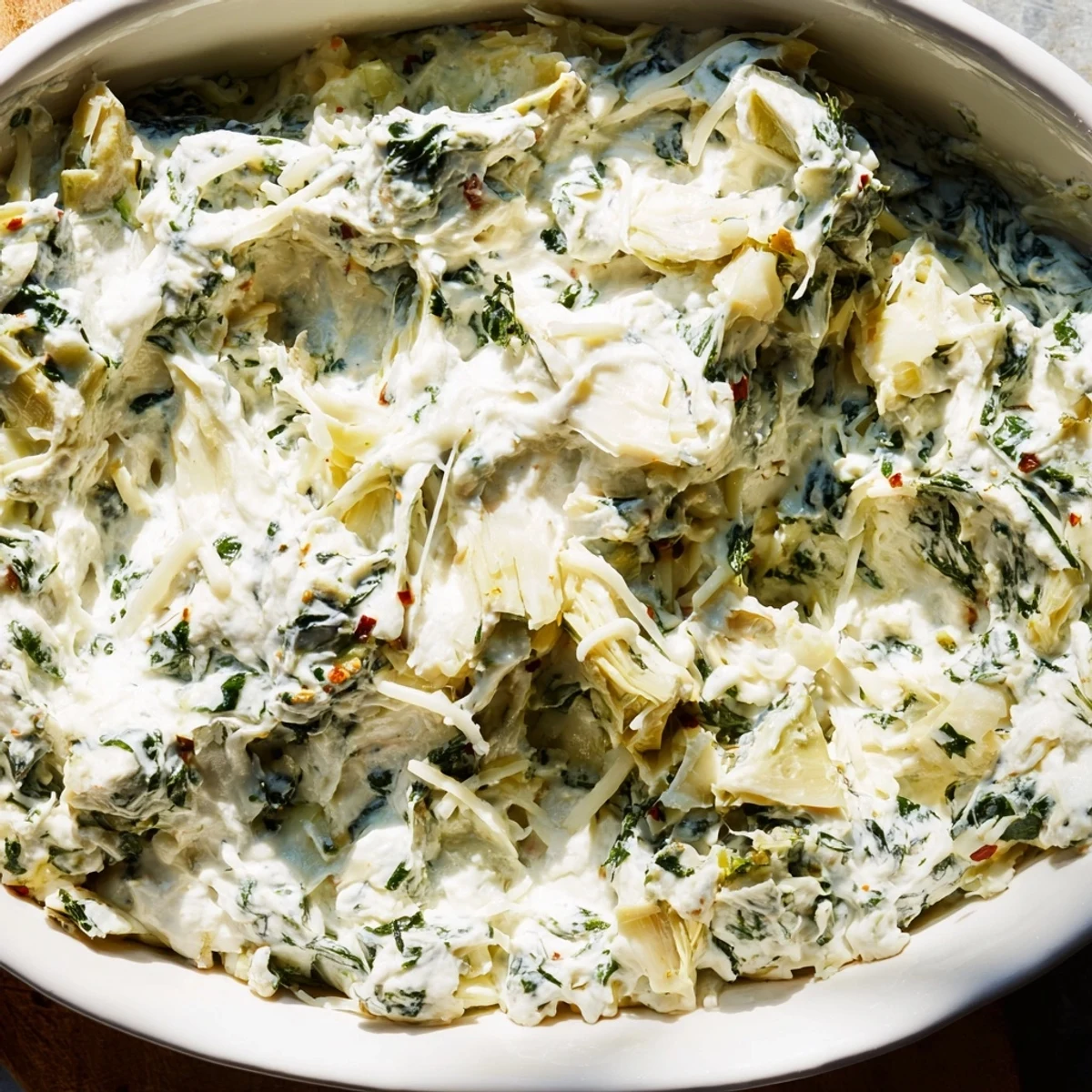 Warm, cheesy Creamy Spinach and Artichoke Dip beside toasty baguette for dipping.