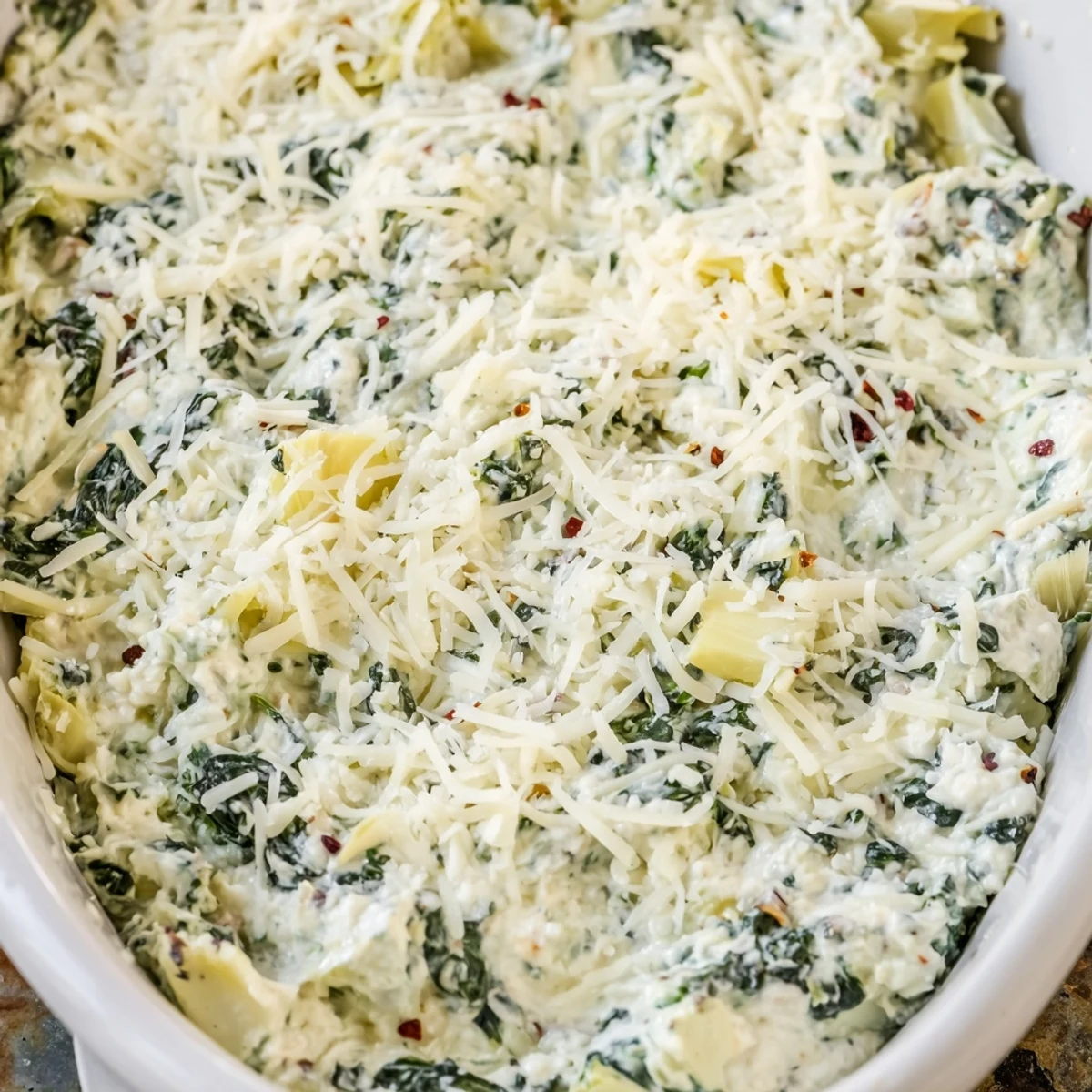 Rich Creamy Spinach and Artichoke Dip in a baking dish, served with crusty bread.
