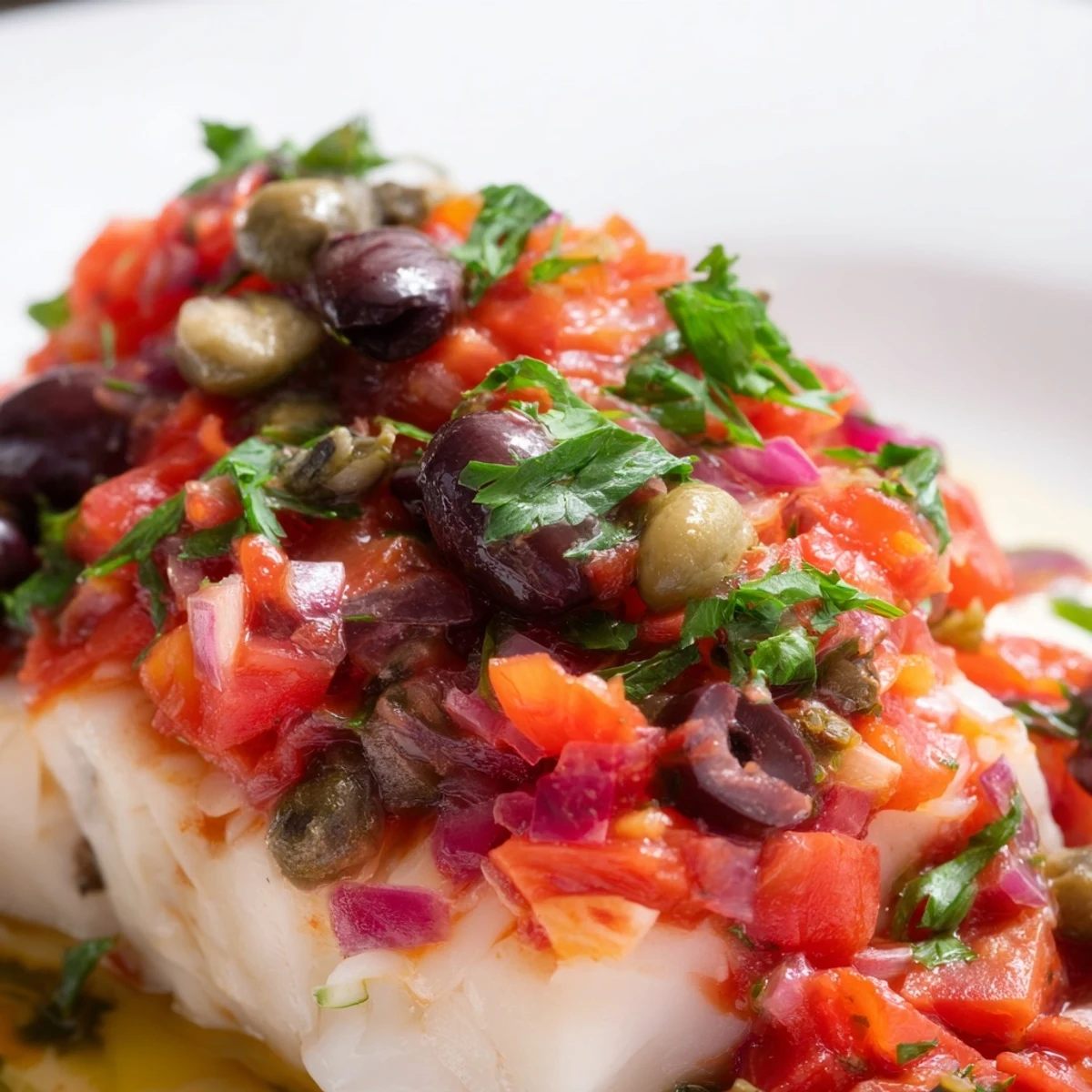 Freshly baked Baked Cod with Tomato and Olive Salsa on a white plate, garnished with parsley and a lemon wedge.