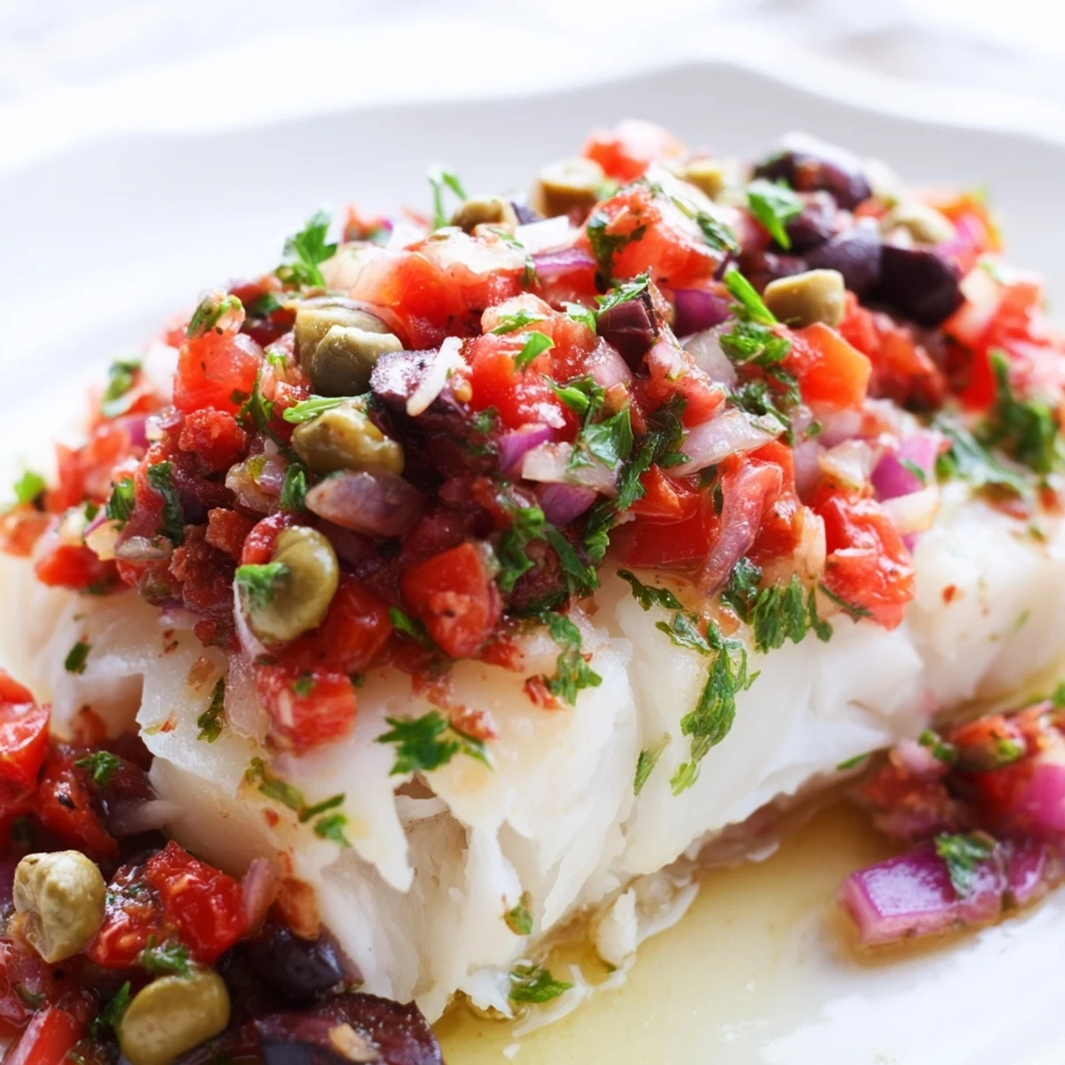 Spoonful of vibrant tomato and olive salsa topping flaky golden Baked Cod with Tomato and Olive Salsa.
