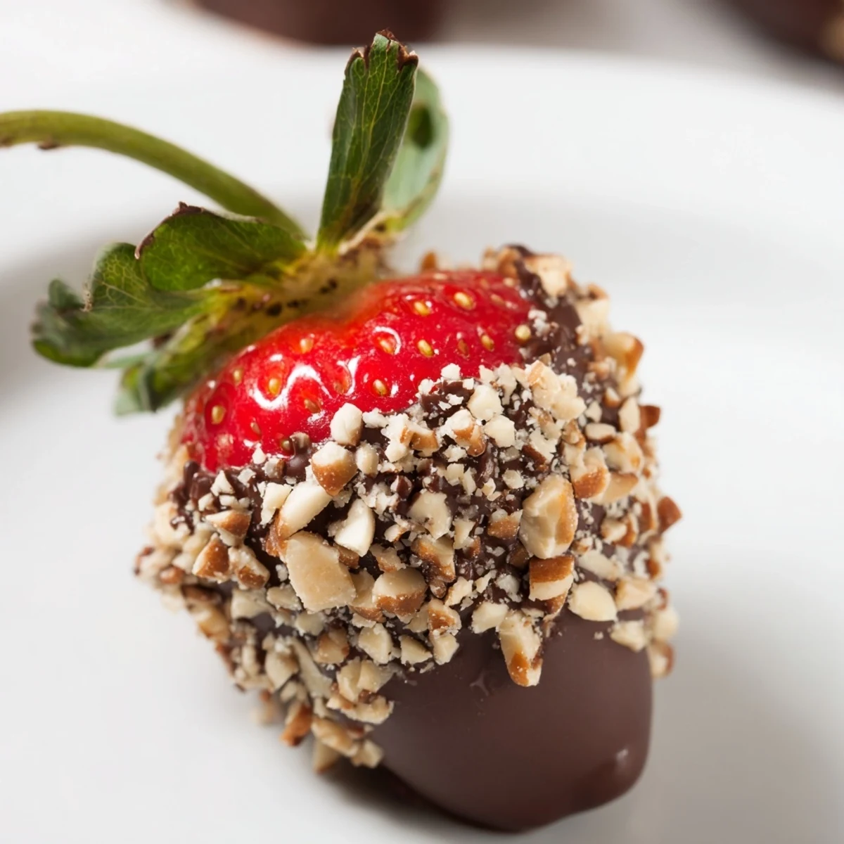 Rich chocolate coating on fresh strawberries with chopped nuts adds a sweet crunch to each juicy bite.