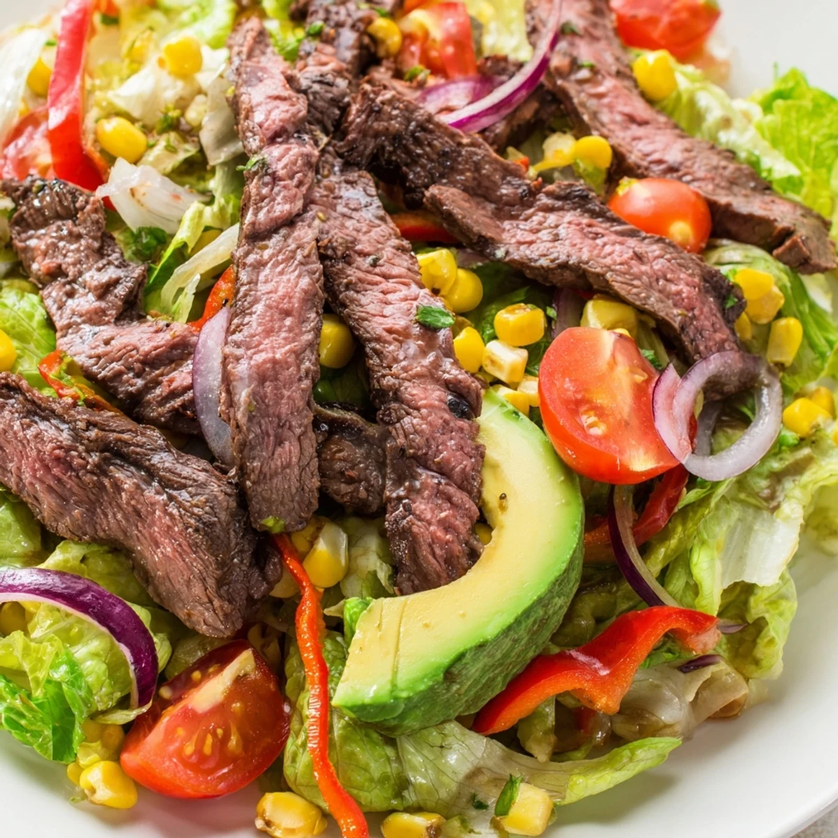 Colorful Tex-Mex Beef Fajita Salad with Lime Vinaigrette topped with sliced avocado and halved cherry tomatoes.