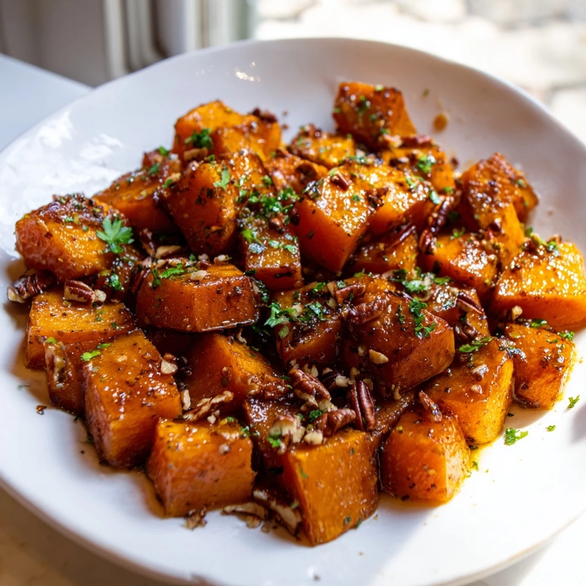 Golden-brown Roasted Butternut Squash with Maple and Cinnamon pieces glistening on a baking sheet, ready for a fall feast.