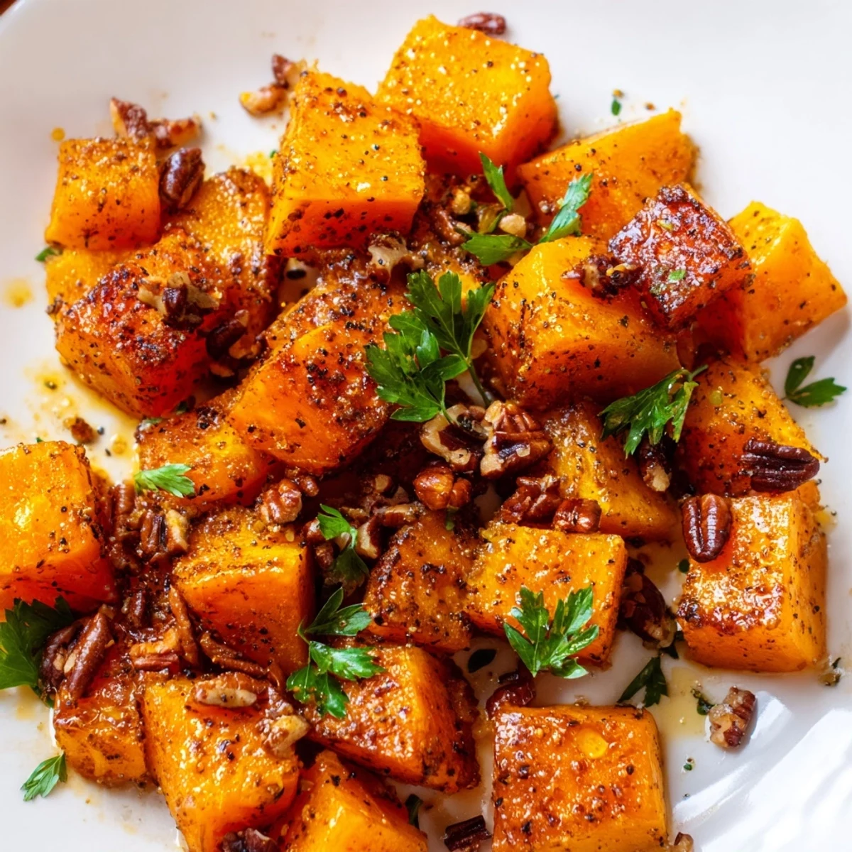 Roasted Butternut Squash with Maple and Cinnamon served in a white bowl, garnished with chopped parsley and pecans.