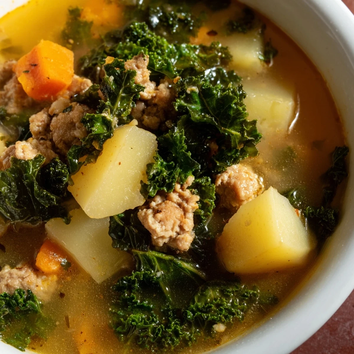 A bowl of hearty Turkey Sausage and Kale Soup with Potatoes, garnished with fresh herbs and a spoon ready to serve.