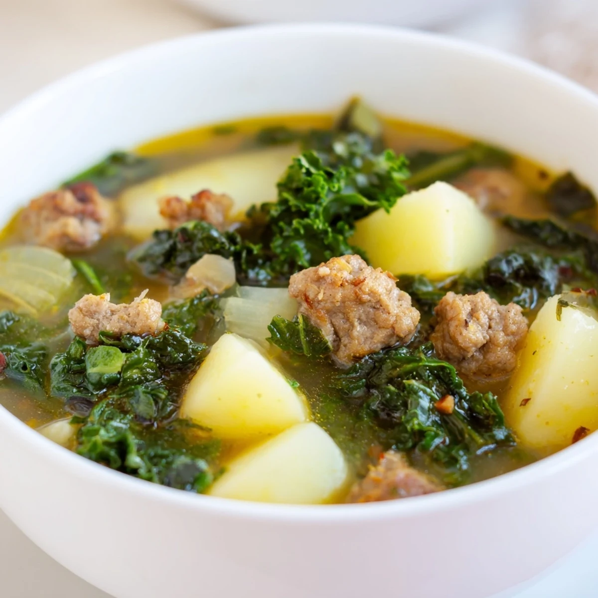 Spoon lifting a serving of Turkey Sausage and Kale Soup with Potatoes, revealing diced Yukon Gold potatoes and savory broth.