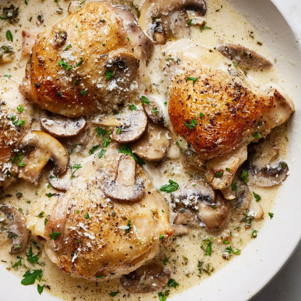 Golden-brown Creamy Garlic Mushroom Chicken Thighs simmer in a rich, velvety mushroom and garlic sauce in a cast-iron skillet.