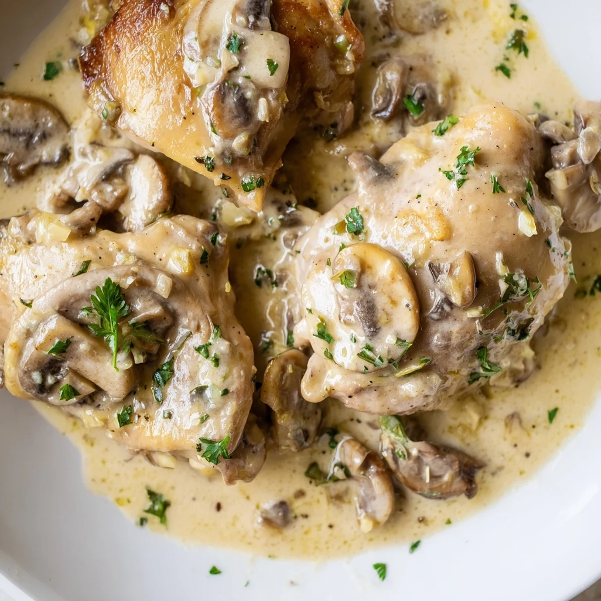 Tender, juicy Creamy Garlic Mushroom Chicken Thighs plated with roasted asparagus and a drizzle of creamy garlic sauce.